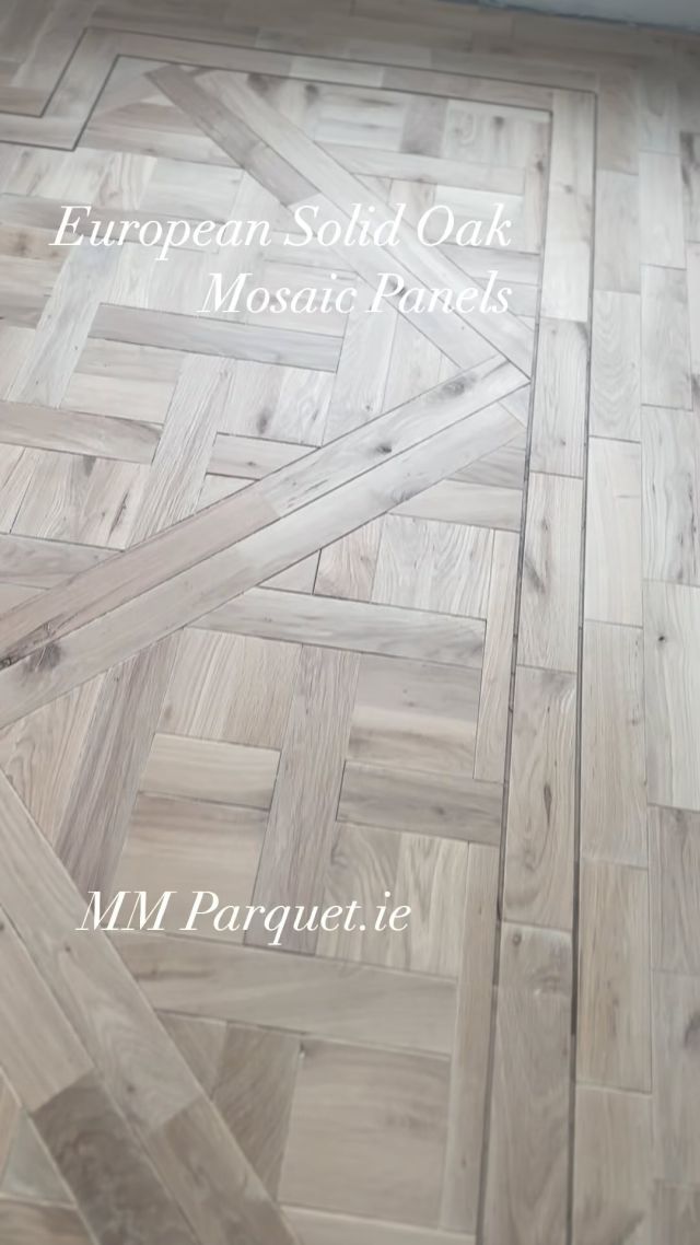 Supply and fit of this stunning mosaic parquet flooring , finished with a double 6mm solid brass in lay border and finished with a bona wax oil matt tone . #mosaicpanel #mansionweave #parquetflooringkildare #parquetflooringwaterford #parquetfloors #solidparquetflooring #herringboneflooring #parquetflooringwexford #parquetflooringkilkenny  #plankflooring #parquetflooringlaois #parquetflooringkildare #plankflooring  #oakflooring #oakherringbone #salvageparquet #tumbledparquetflooring #parquet #woodenflooring #solidbrass #bona