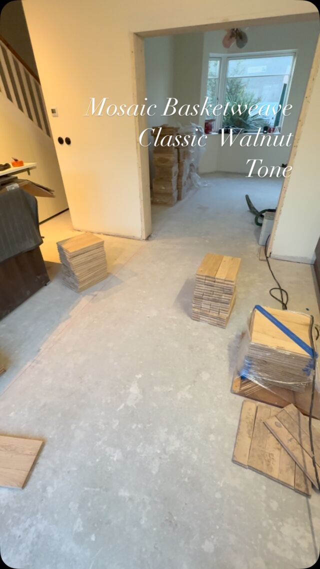 Mosaic basketweave parquet flooring installation , finished in a classic walnut tone , also received a four coat bona lacquer application#solidparquetflooring #tumbledparquetflooring #parquetfloors #parquetflooringkildare #parquetflooringwexford #parquetflooringkilkenny #plankflooring #parquetflooringwicklow
