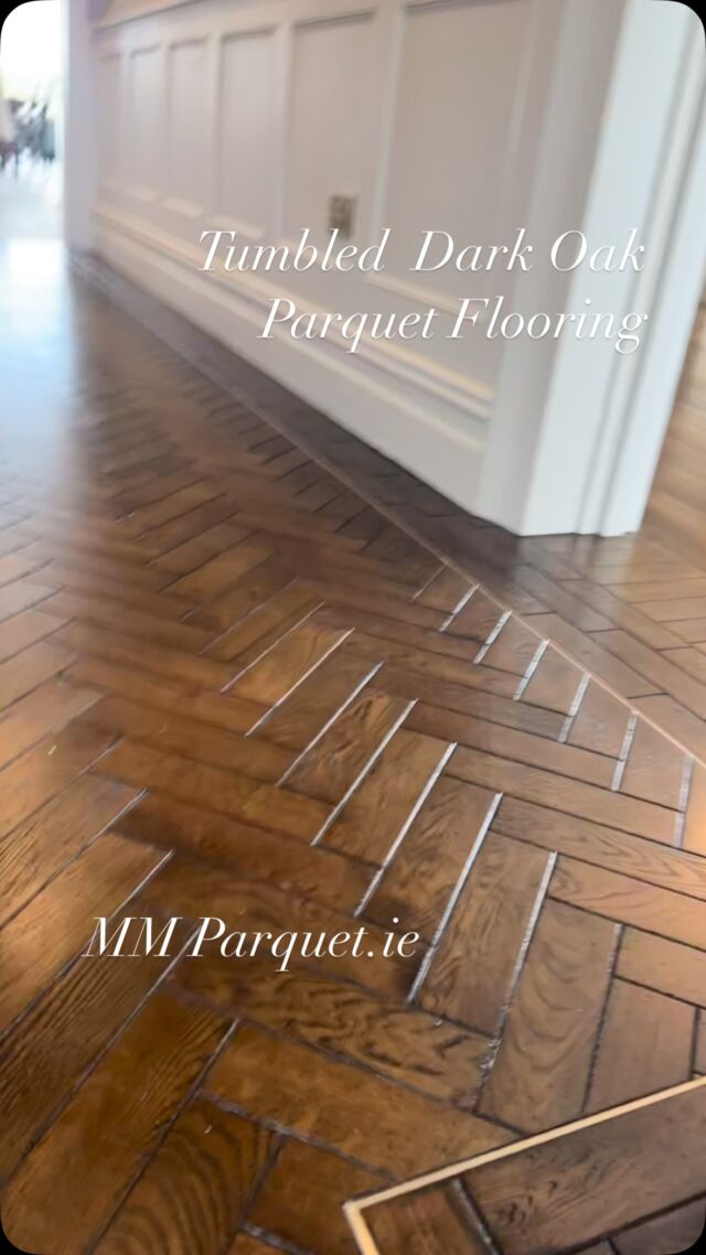 Solid hardcore tumbled oak parquet flooring , finished in a classic dark oak tone finished. In a classic wax oil finish #parquetflooring #tumbledparquetflooring #solidparquetflooring #parquetflooringkildare #plankflooring #