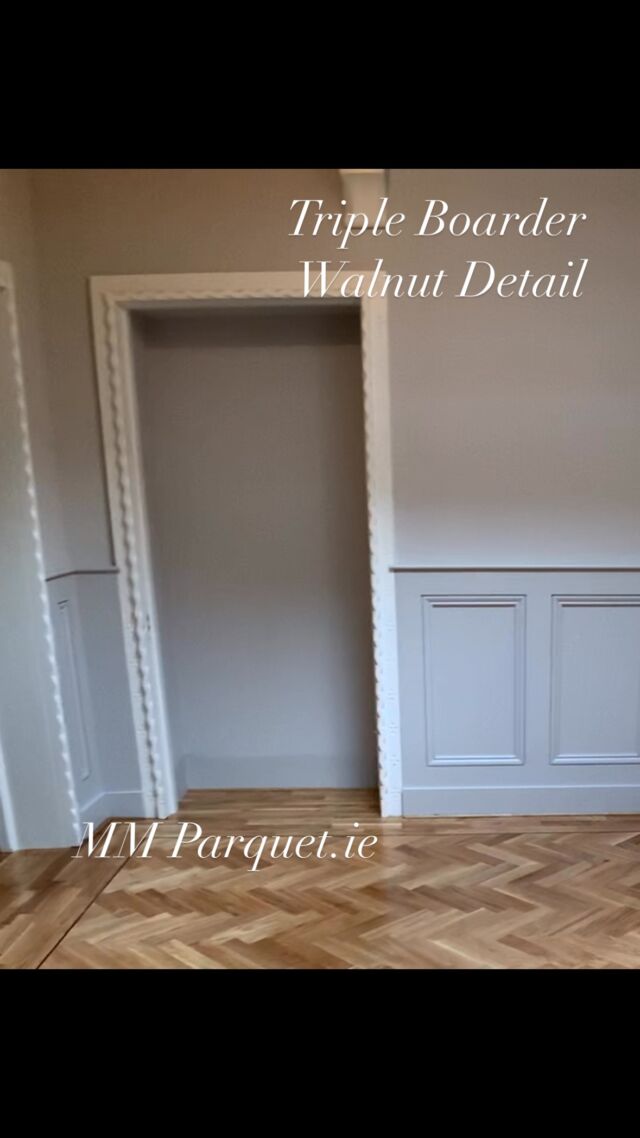 Old Gothic styled building completed with a walnut triple boarder detail , this larger boarder details can look amazing when rooms have more space #solidparquetflooring #parquetflooringdublin #herringboneflooring #parquetflooring