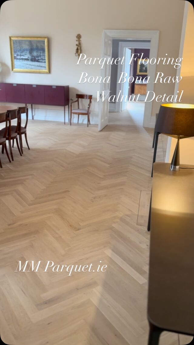 Solid traditional parquet flooring installation in this stunning Victorian styled property , finished in a bona raw lacquer with a 6mm walnut detail #solidparquetflooring #tumbledparquetflooring #parquetfloors #parquetflooringdublin #parquetflooringkildare #parquetflooringwexford #parquetflooringkilkenny #herringboneflooring #plankflooring #bona